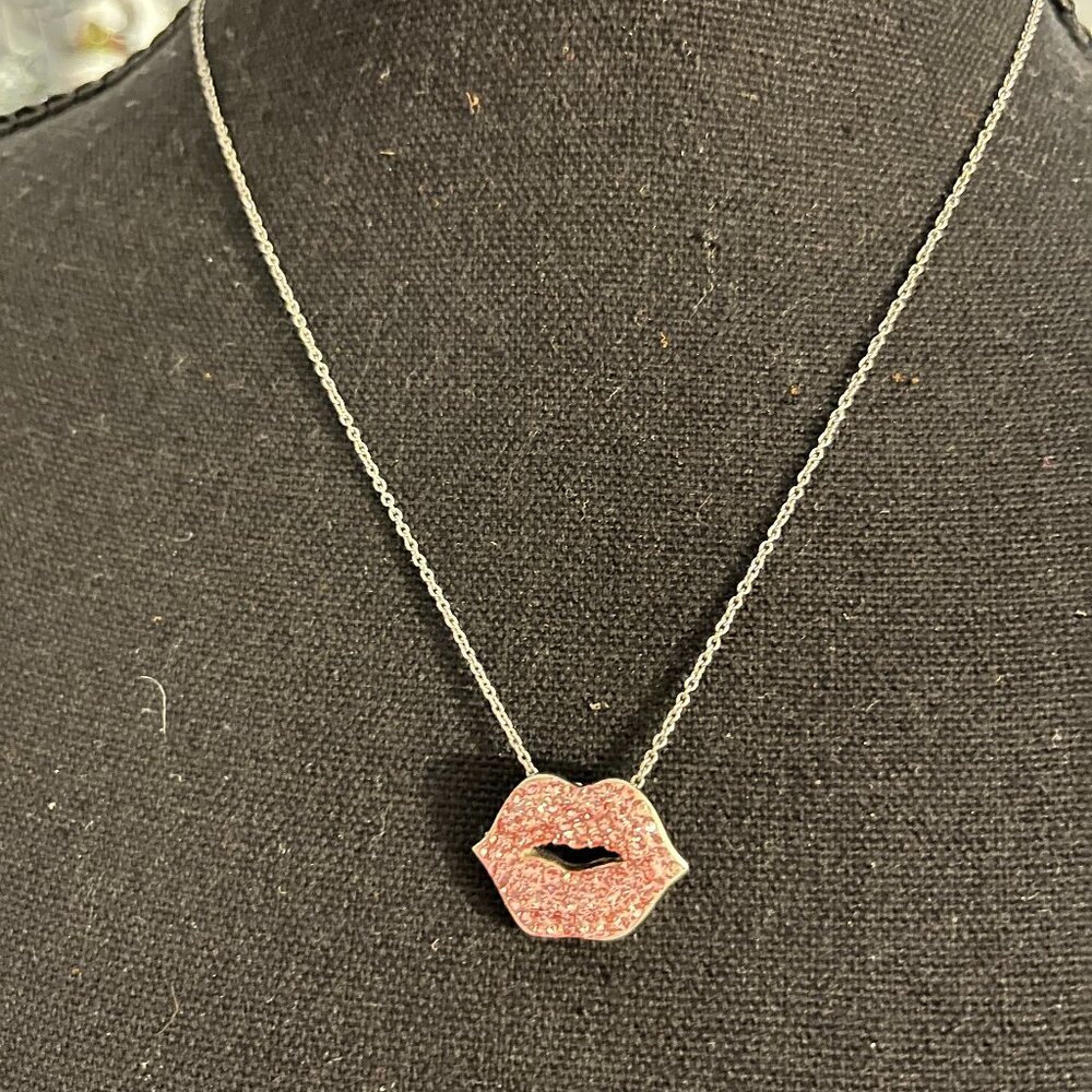 Pink Lip Crystal Necklace 18 In Rhodium Chain